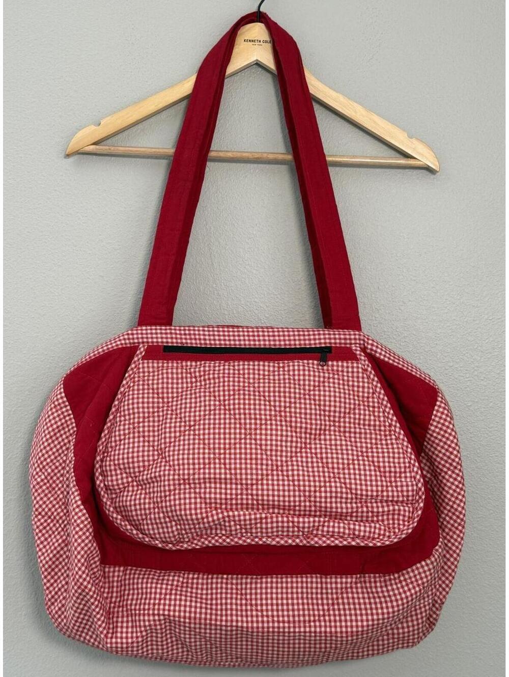 Handmade Gingham Market Tote Duffle Bag with Shoulder Strap
